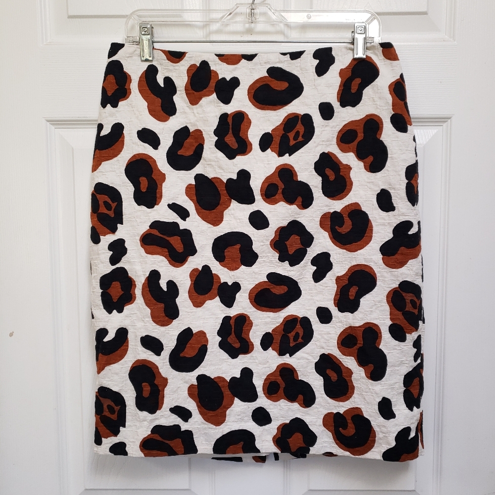 Talbots White Black Brown Animal Print Cotton Lined Pencil Skirt